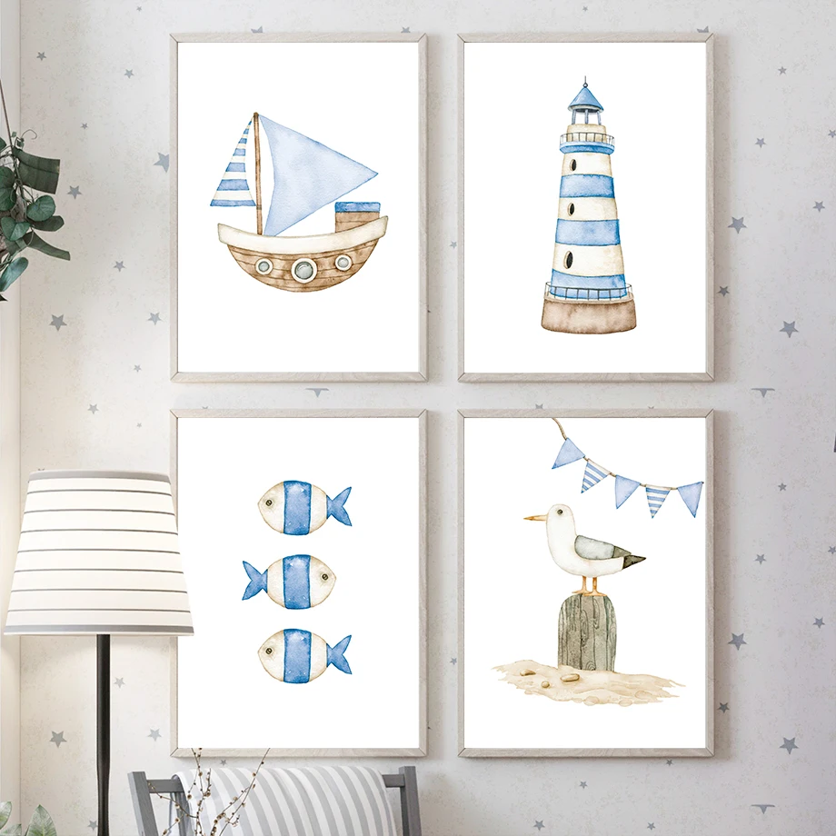 Baby Nursery Prints - Sailboat Lighthouse Fish Nautical Nursery Posters