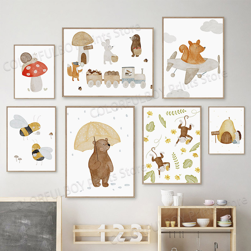 Baby Nursery Animal Pictures - Boho Animals Bear Rabbit Hedgehog Monkey