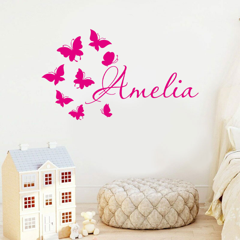 Baby Nursery Wallpaper Girl - Personalized Girls Name Cartoon Butterfly Wall