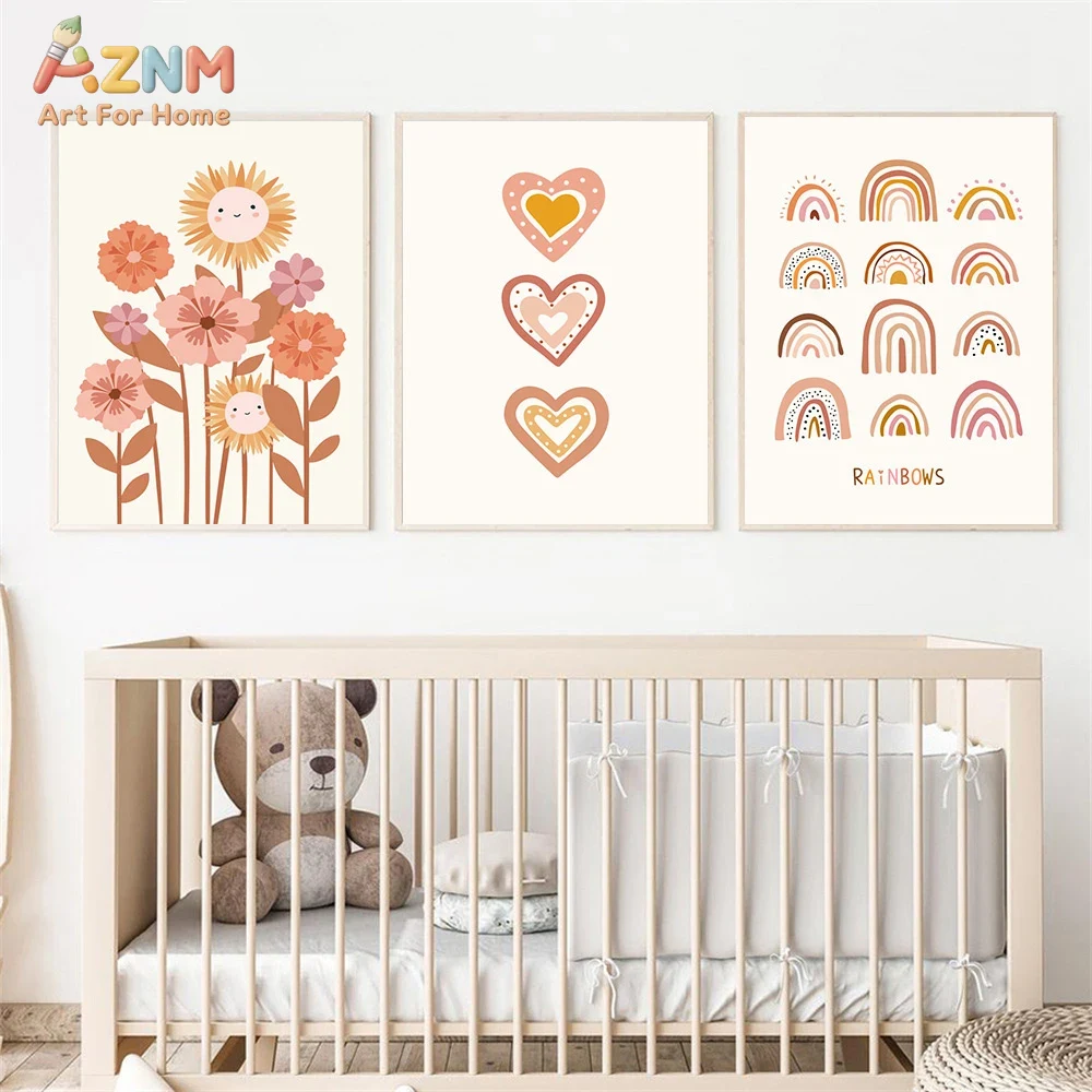 Baby Nursery Prints - AZNM Boho Cute Sunflower Heart Rainbow