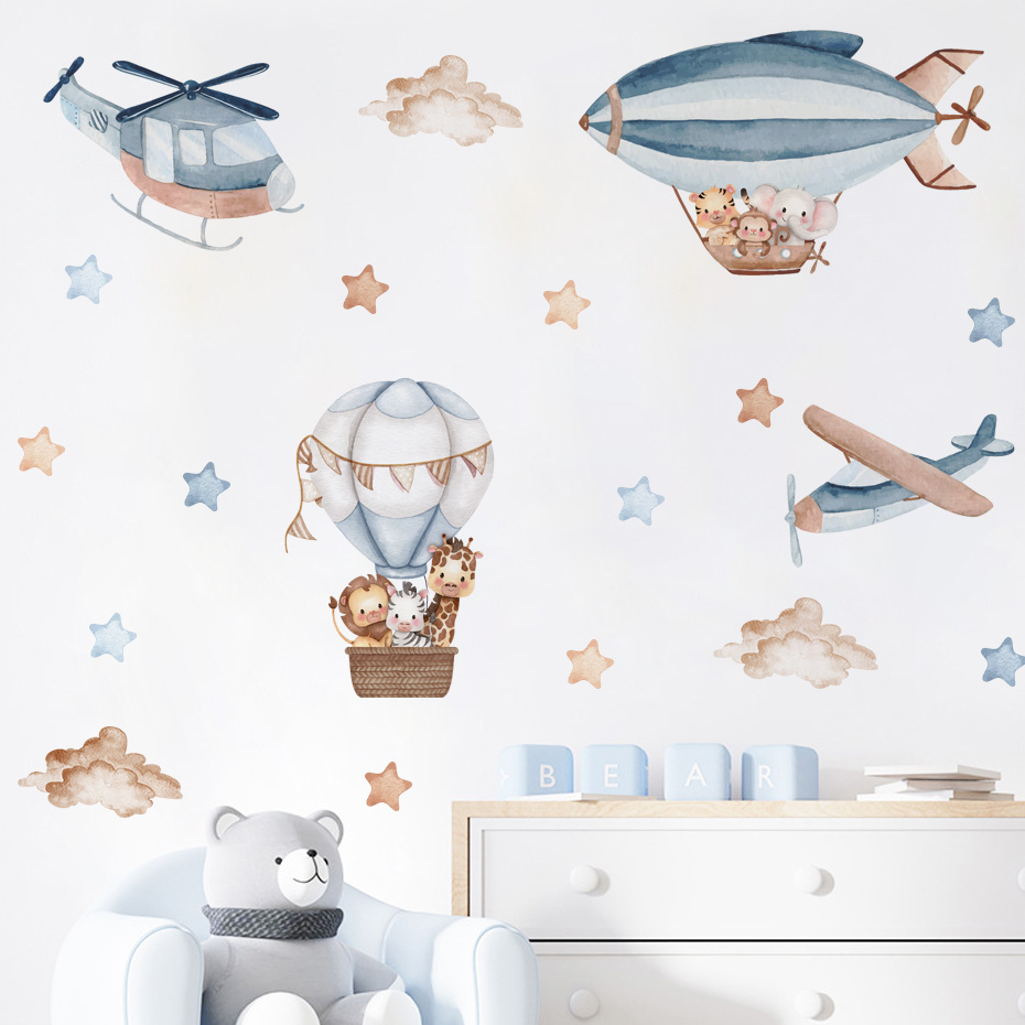 Baby Nursery Needs - Watercolor Animals Hot Air Balloon Clouds