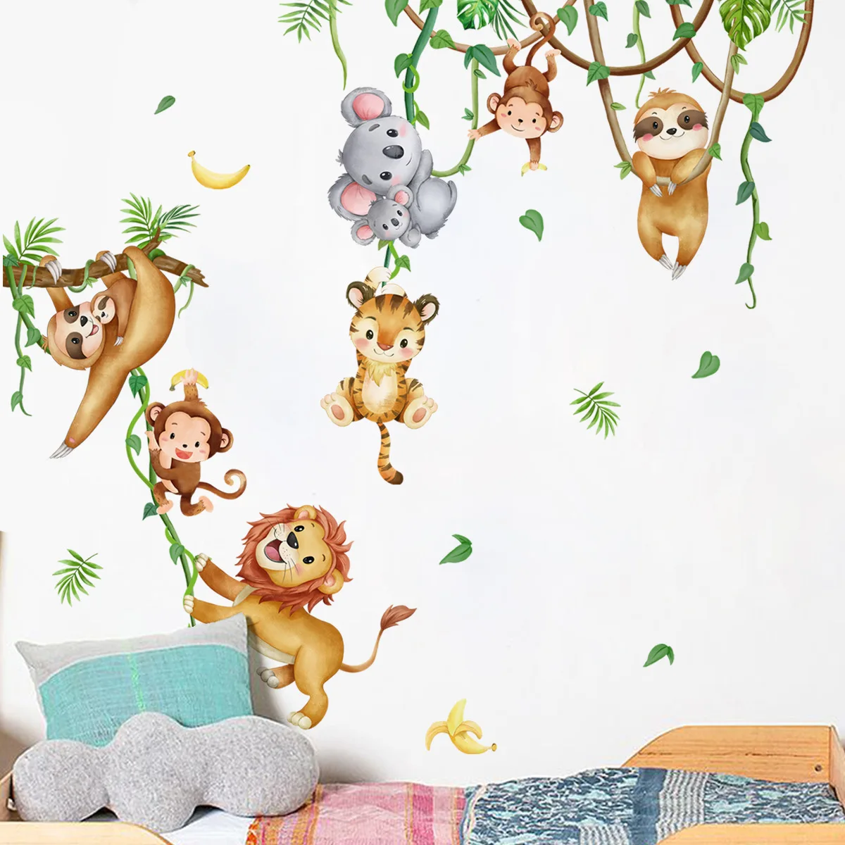 Baby Nursery Wallpaper Girl - Forest Animal Lion Sloth Monkey Branches