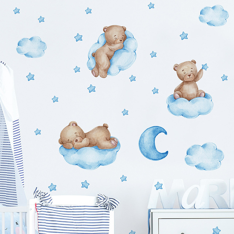 Baby Nursery Wallpaper Girl - Cartoon Blue Teddy Bear Moon Wall