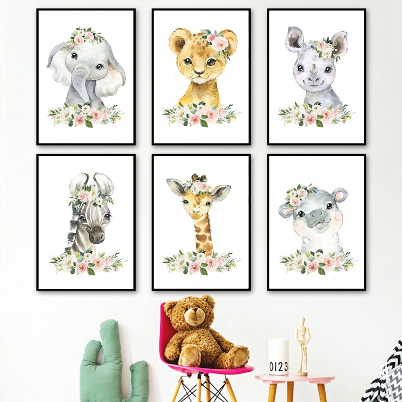 Floral Jungle Animals Canvas P - Baby Nursery Animal Pictures 评论和价格