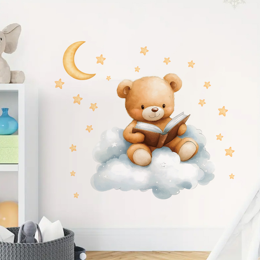 Cute Bear Moon Star Wall Stick - Baby Nursery Wallpaper Girl 评论和价格