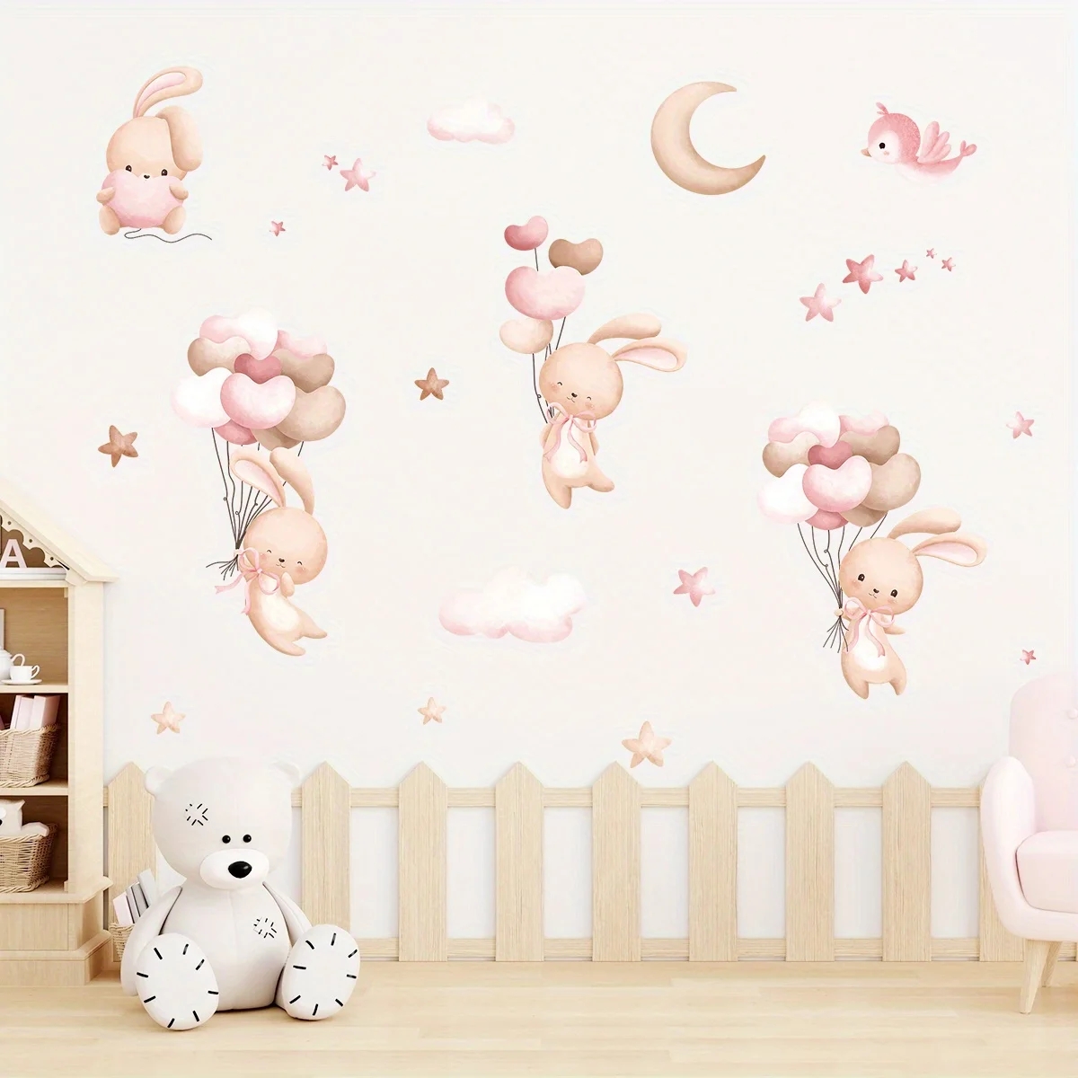 Cute Rabbit Balloon Wall Stick - Baby Nursery Wallpaper Girl 评论和价格