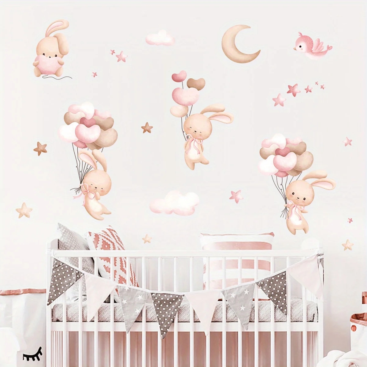 Cute Rabbit Balloon Wall Stick - Baby Nursery Wallpaper Girl 评论和价格