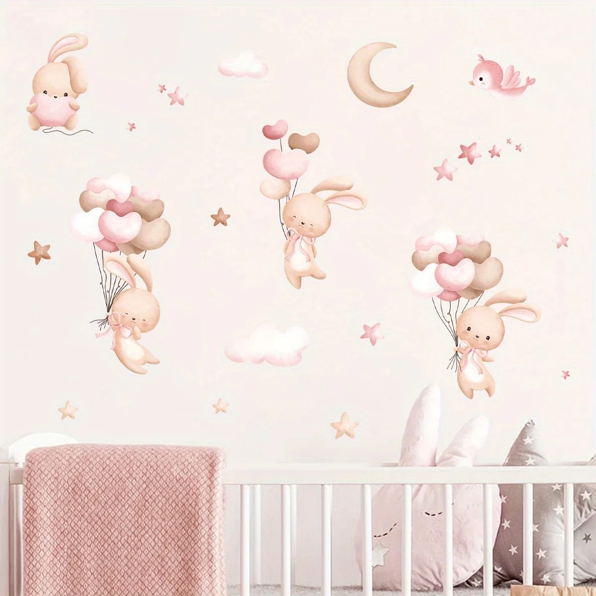 Cute Rabbit Balloon Wall Stick - Baby Nursery Wallpaper Girl 评论和价格