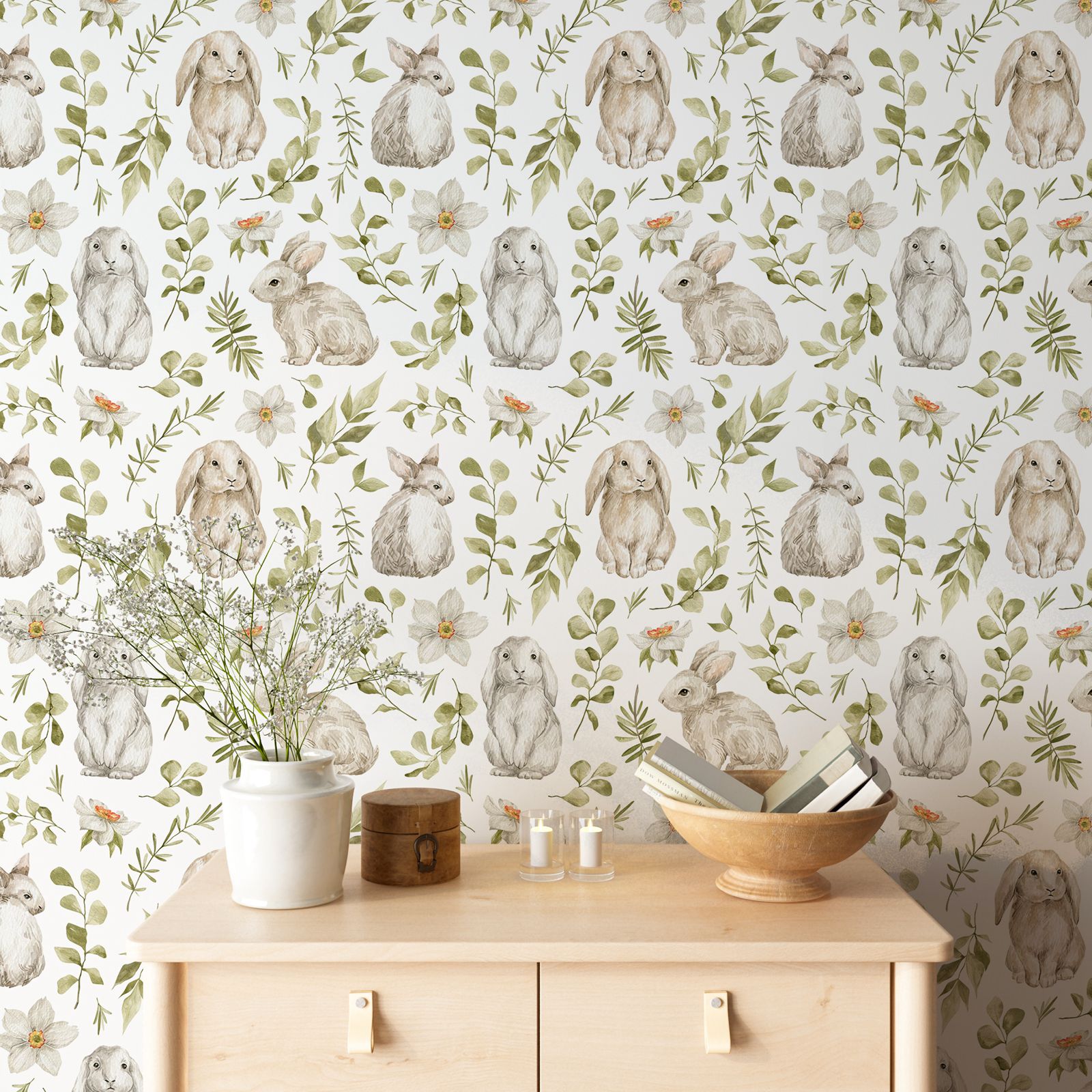 Bunny Wallpaper Kids Room Wall - Baby Nursery Water 评论和价格