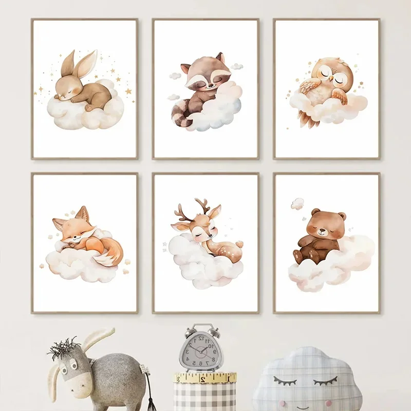 Cartoon Cloud Animal Canvas Pa - Baby Nursery Animal Pictures 评论和价格