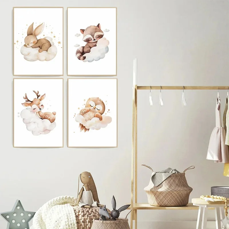 Cartoon Cloud Animal Canvas Pa - Baby Nursery Animal Pictures 评论和价格