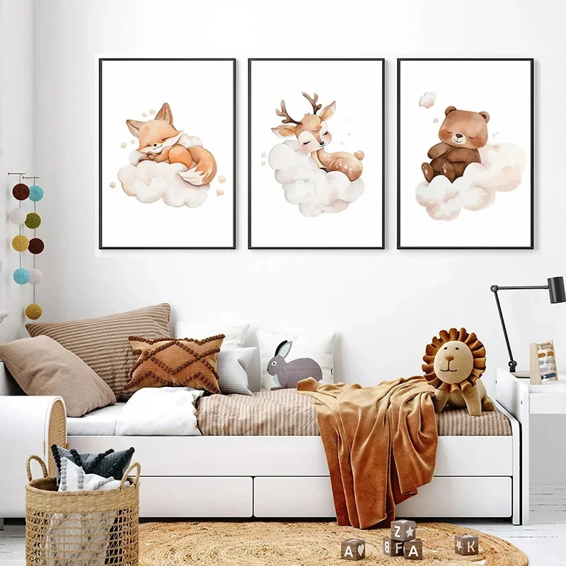 Cartoon Cloud Animal Canvas Pa - Baby Nursery Animal Pictures 评论和价格