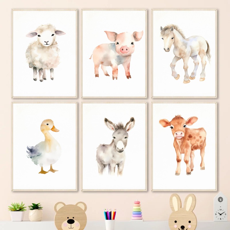 Watercolor Farm Animals Baby H - Baby Nursery Animal Pictures 评论和价格