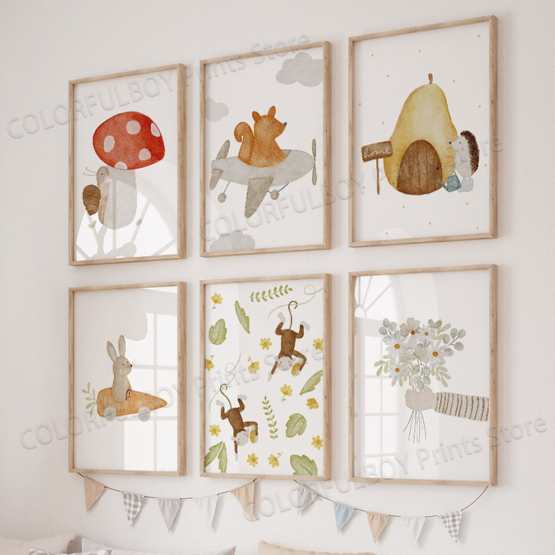 Boho Animals Bear Rabbit Hedge - Baby Nursery Animal Pictures 评论和价格