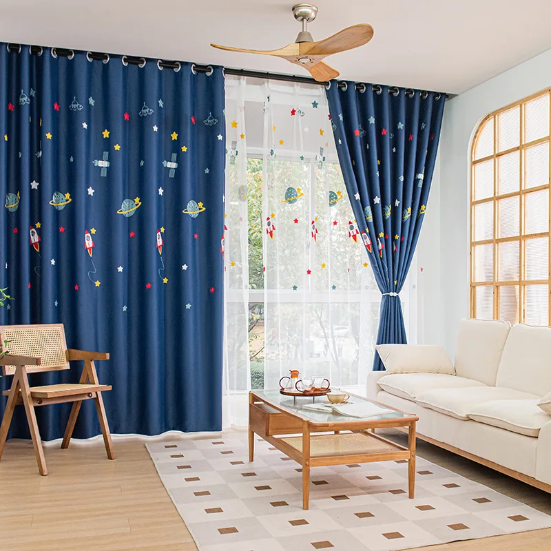 Navy Blue Cartoon Rocket Space - Baby Nursery Blackout Curtains 评论和价格