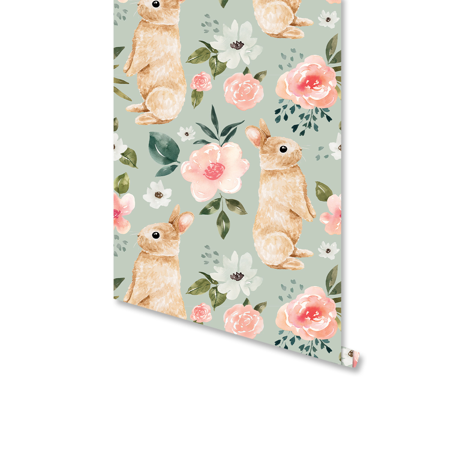 Sage Green Bunny Floral Wallpa - Baby Nursery Water 评论和价格