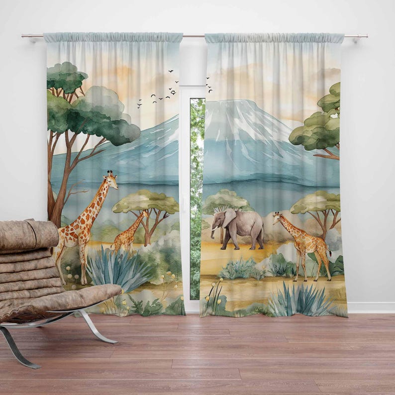 Safari Animals Kids Curtains B - Baby Nursery Blackout Curtains 评论和价格