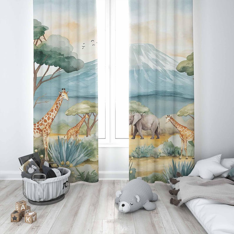 Safari Animals Kids Curtains B - Baby Nursery Blackout Curtains 评论和价格