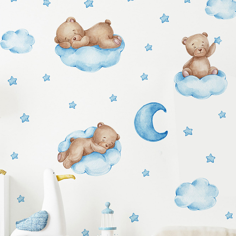 Cartoon Blue Teddy Bear Moon W - Baby Nursery Wallpaper Girl 评论和价格