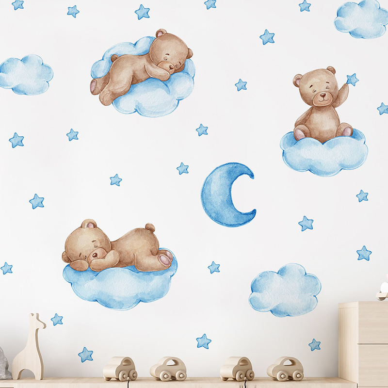 Cartoon Blue Teddy Bear Moon W - Baby Nursery Wallpaper Girl 评论和价格