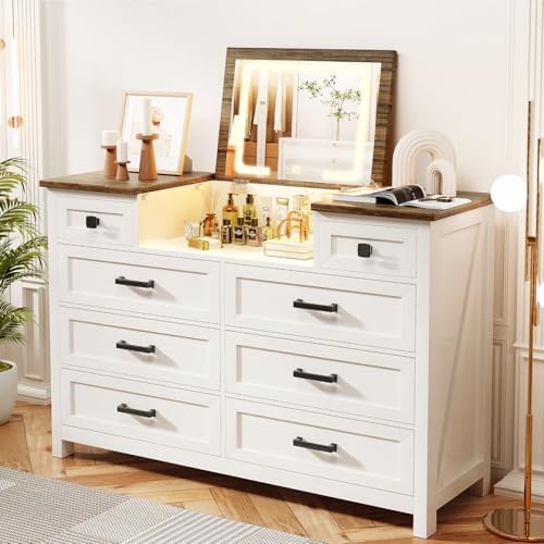 Dresser with LED Mirror, 8 Dra - Drawer Dresser White 评论和价格