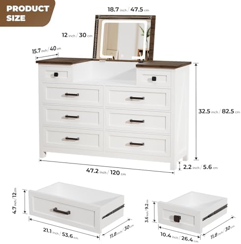 Dresser with LED Mirror, 8 Dra - Drawer Dresser White 评论和价格
