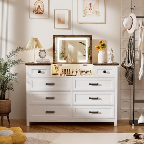 Dresser with LED Mirror, 8 Dra - Drawer Dresser White 评论和价格