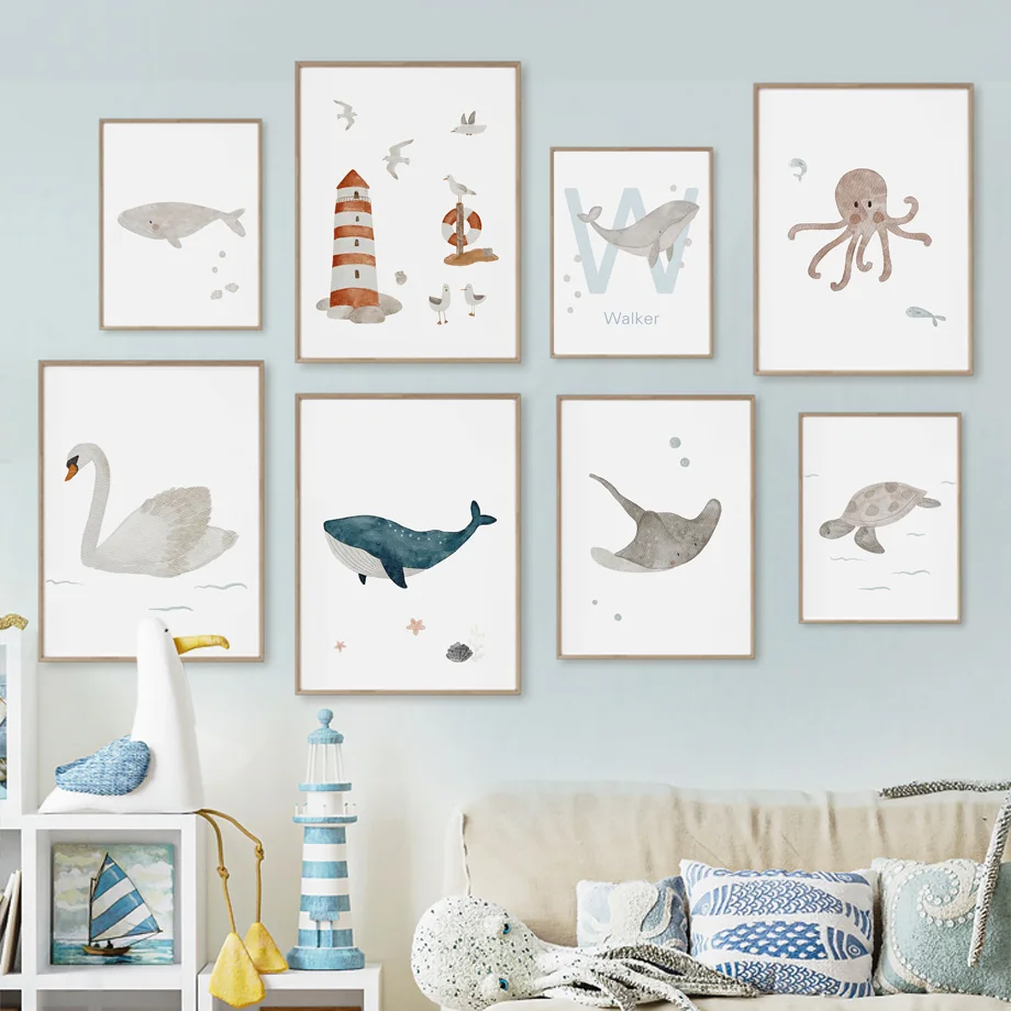 Custom Name Whale Octopus Turt - Baby Nursery Animal Pictures 评论和价格